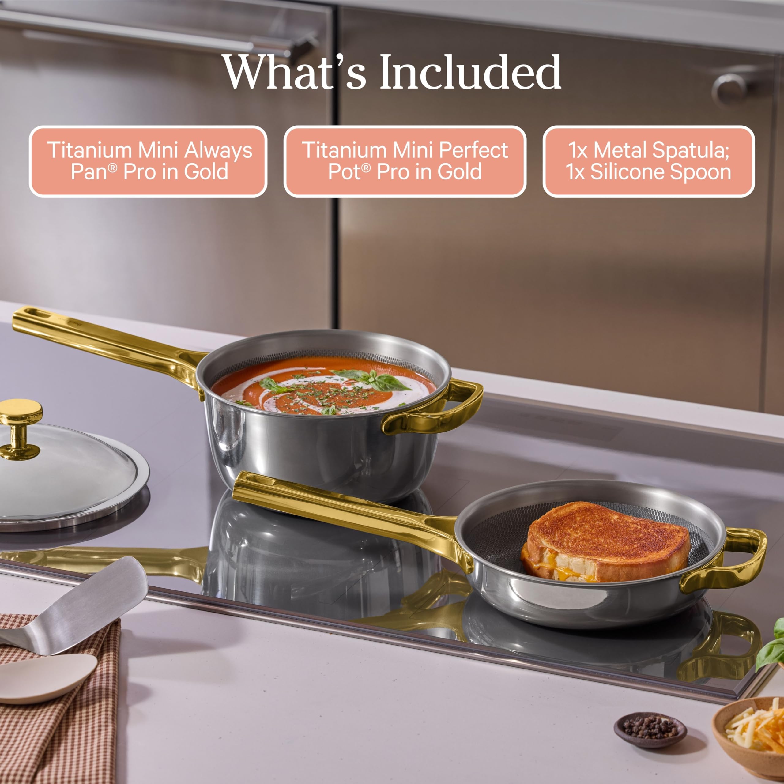 Our Place Mini Titanium Pro Cookware Duo | 6-Piece Tri-Ply Titanium Cookware Set with Always Pan Pro & Perfect Pot Pro | Non-Toxic No-Coating Nonstick | Induction & Oven-Safe up to 750°F | Gold