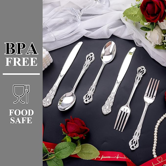 Joyido 40PCS Silver Plastic Silverware - Elegant Cutlery Sets for Party