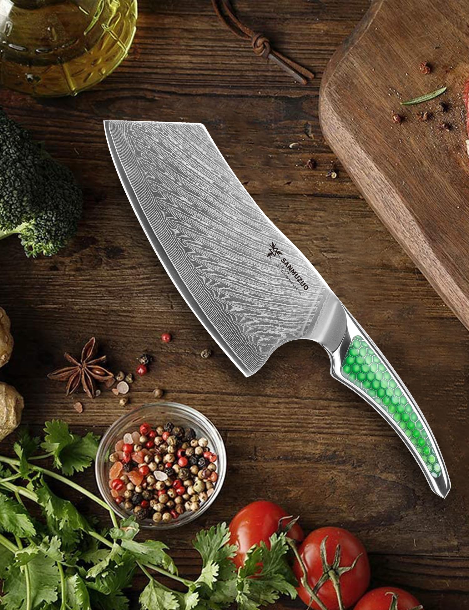 SANMUZUO 7 inch Nakiri Knife, Japanese VG-10 Damascus Steel Meat Cleaver, Ultra Sharp Vegetable Knife with Full-tang Handle in Green Resin, LA-S9 Series
