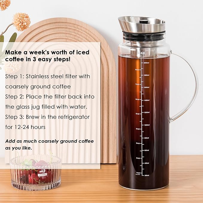 Aquach 68oz Cold Brew Coffee Maker, Extra Tall Glass Pitcher for Iced Tea