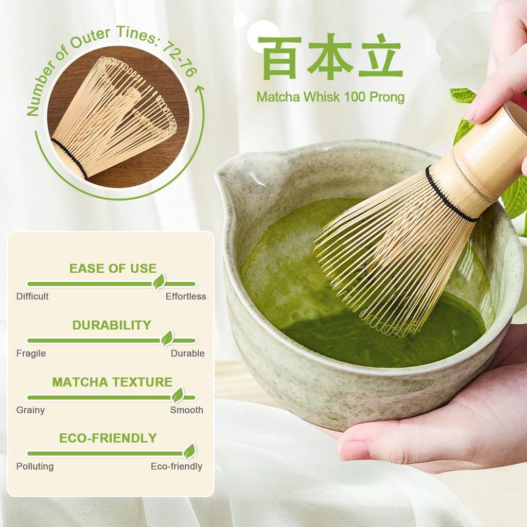 Nigwet 5Pcs Matcha Whisk Set - Matcha Bowl with Spout, 100% Bamboo Whisk (Chasen), Holder, Stainless Sifter, Tea Scoop. Japanese Ceremony Matcha Kit for Beginners, Ideal Gift for Tea Lovers (Green)