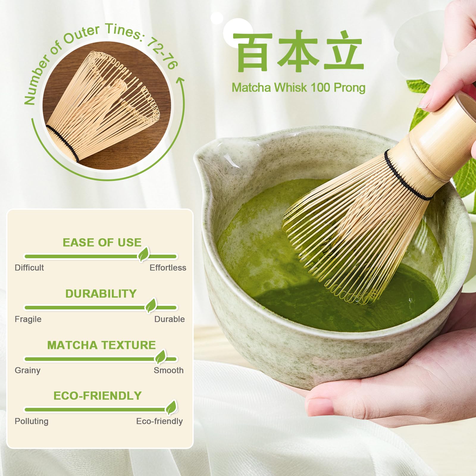 Nigwet 5Pcs Matcha Whisk Set - Matcha Bowl with Spout, 100% Bamboo Whisk (Chasen), Holder, Stainless Sifter, Tea Scoop. Japanese Ceremony Matcha Kit for Beginners, Ideal Gift for Tea Lovers (Green)