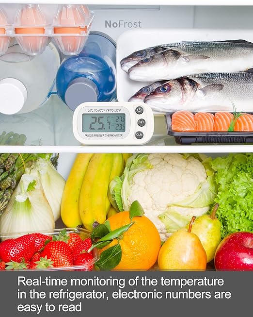 Frienda 16 Pcs White Digital Fridge Thermometer Waterproof Refrigerator and Freezer Max/min Record Function LCD Screen Refrigerator Thermometer with Hook and Magnetic Back for Home (Button)