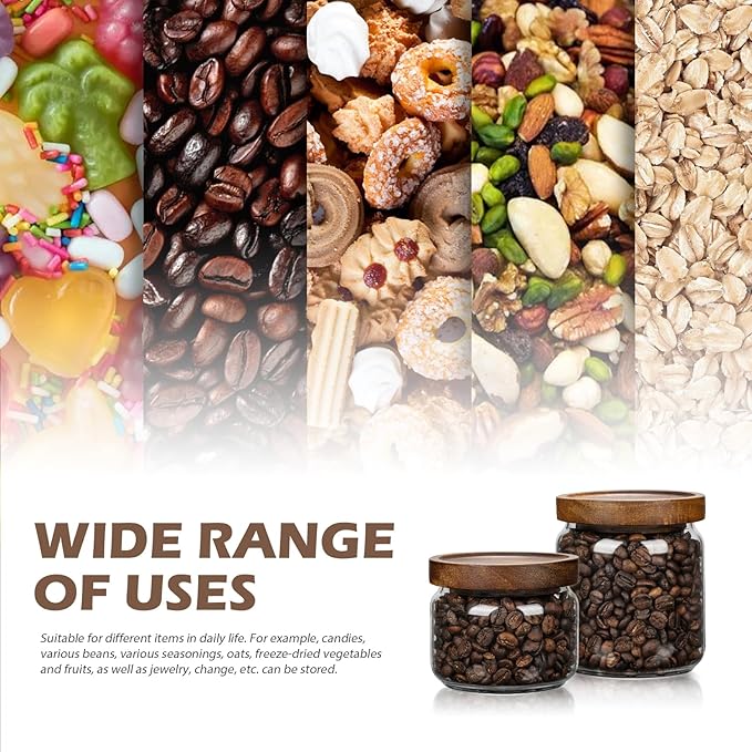 piconesper 2PCS Small Glass Storage Jars with Airtight Lids, 11 fl oz (300ml) coffee container with Wooden Lid, Glass Pantry Canister for Beans, Rice, Sugar and etc
