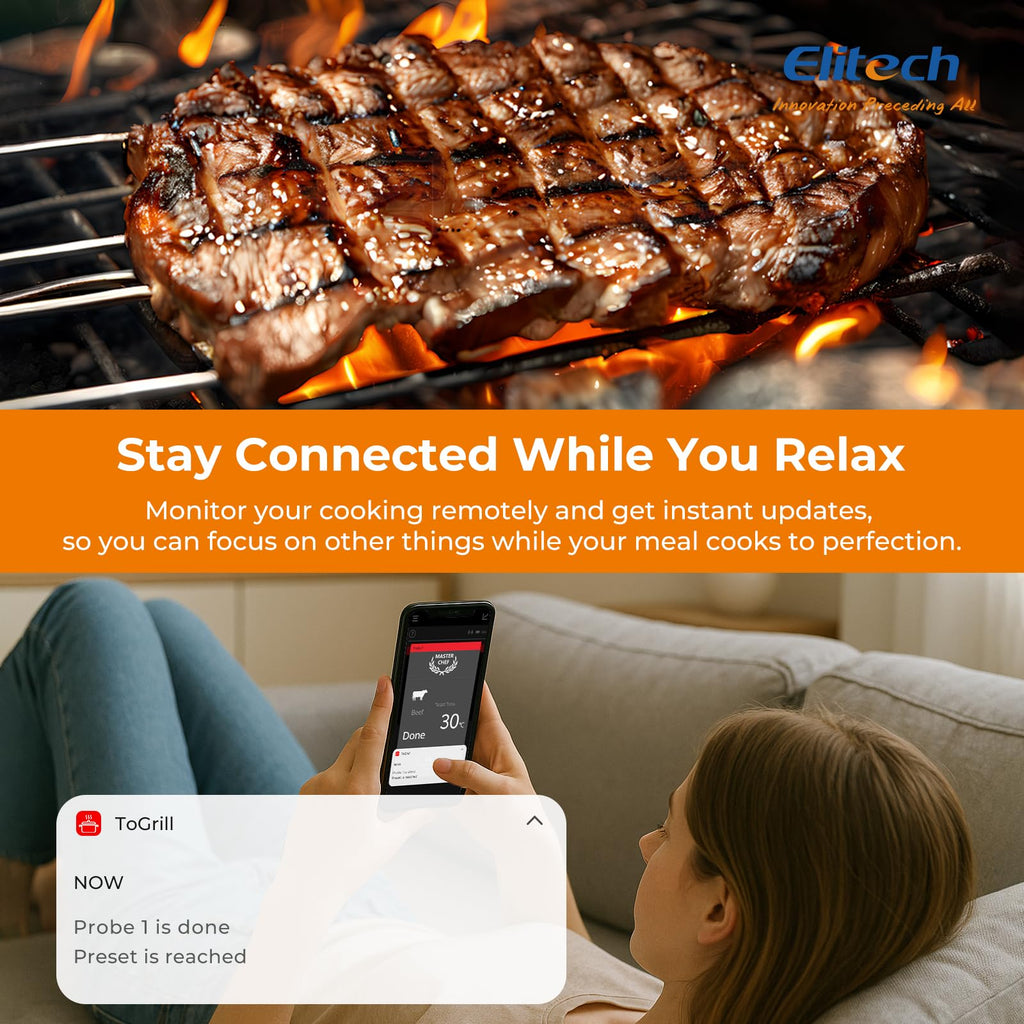 Elitech Digital BBQ Thermometer, Bluetooth Wireless Meat Thermometer for Grilling and Smoking, 2 Probes for Grill, Oven, Smoker, Rotisserie, WMT-20