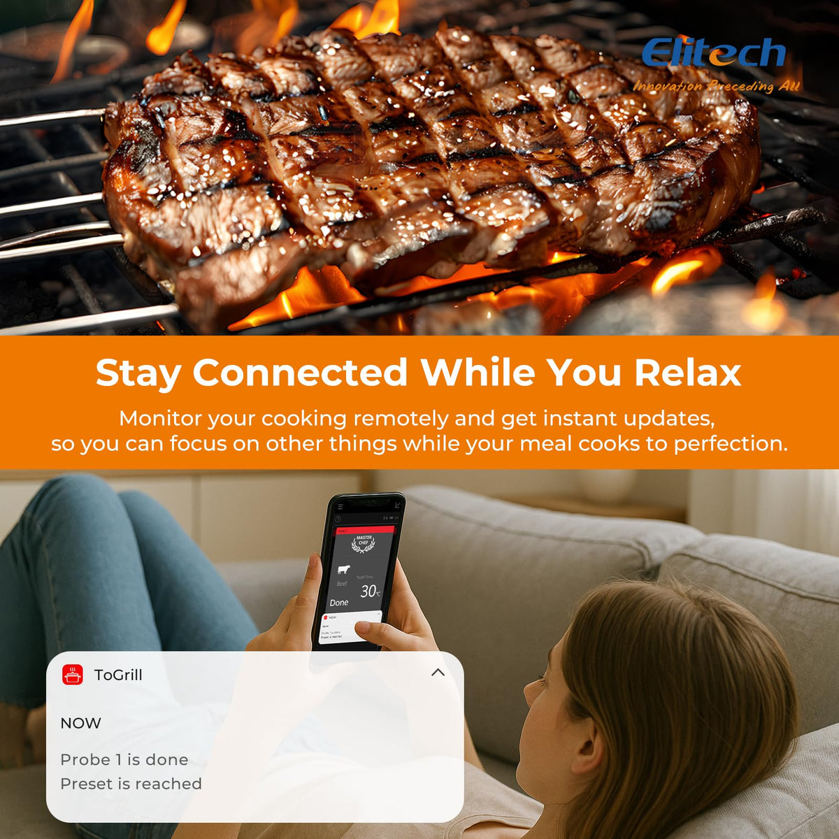 Elitech Digital BBQ Thermometer, Bluetooth Wireless Meat Thermometer for Grilling and Smoking, 2 Probes for Grill, Oven, Smoker, Rotisserie, WMT-20