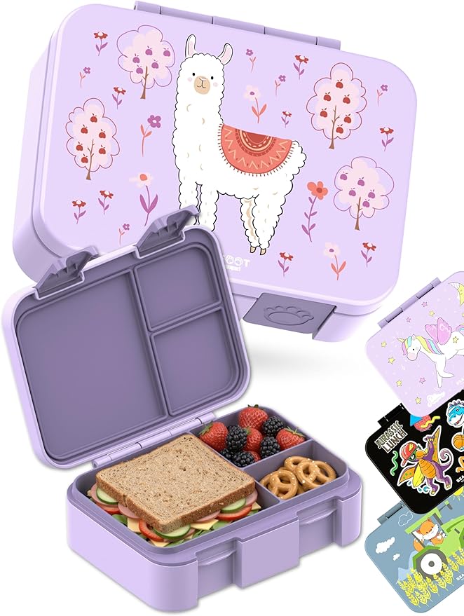 BEARFOOT Kids Lunch Box with Compartments – Compact & Lightweight | Leak-Proof, BPA-Free, Dishwasher Safe | Hand-Drawn Design for Preschool, School, Travel (Llama Purple, 2.75 Cups)
