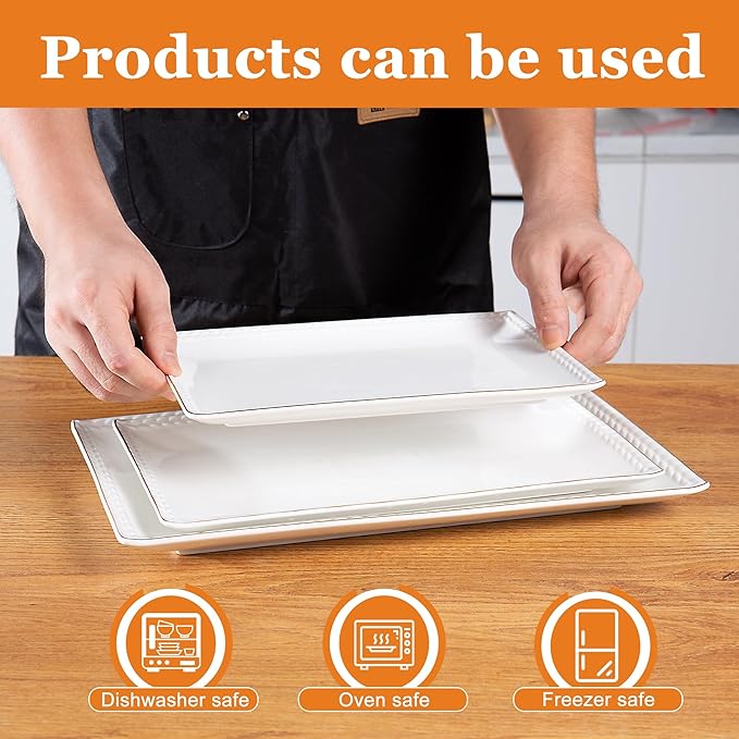 Kassel Ceramic Serving Platter Set | 14”/12”/10” Rectangular Serving Trays for Entertaining at Parties and Weddings | Oven Safe Large Serving Trays for Tacos, Steak, and Cake