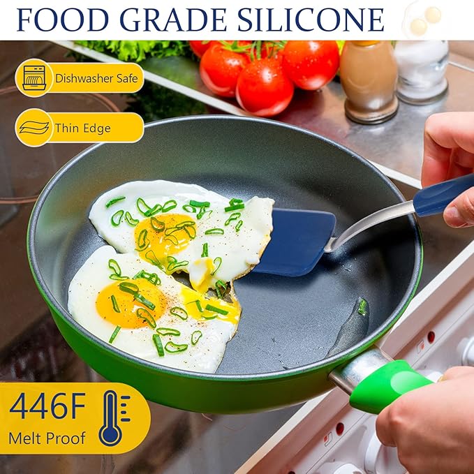 Yetene Silicone Cookie Spatula Turner 2 Pack Mini Brownie Spatula Flexible Kitchen Small Silicone Turner for Nonstick Cookware Heat Resistant No Scratch Flipper for Egg(Solid Flat,Gray, Blue)
