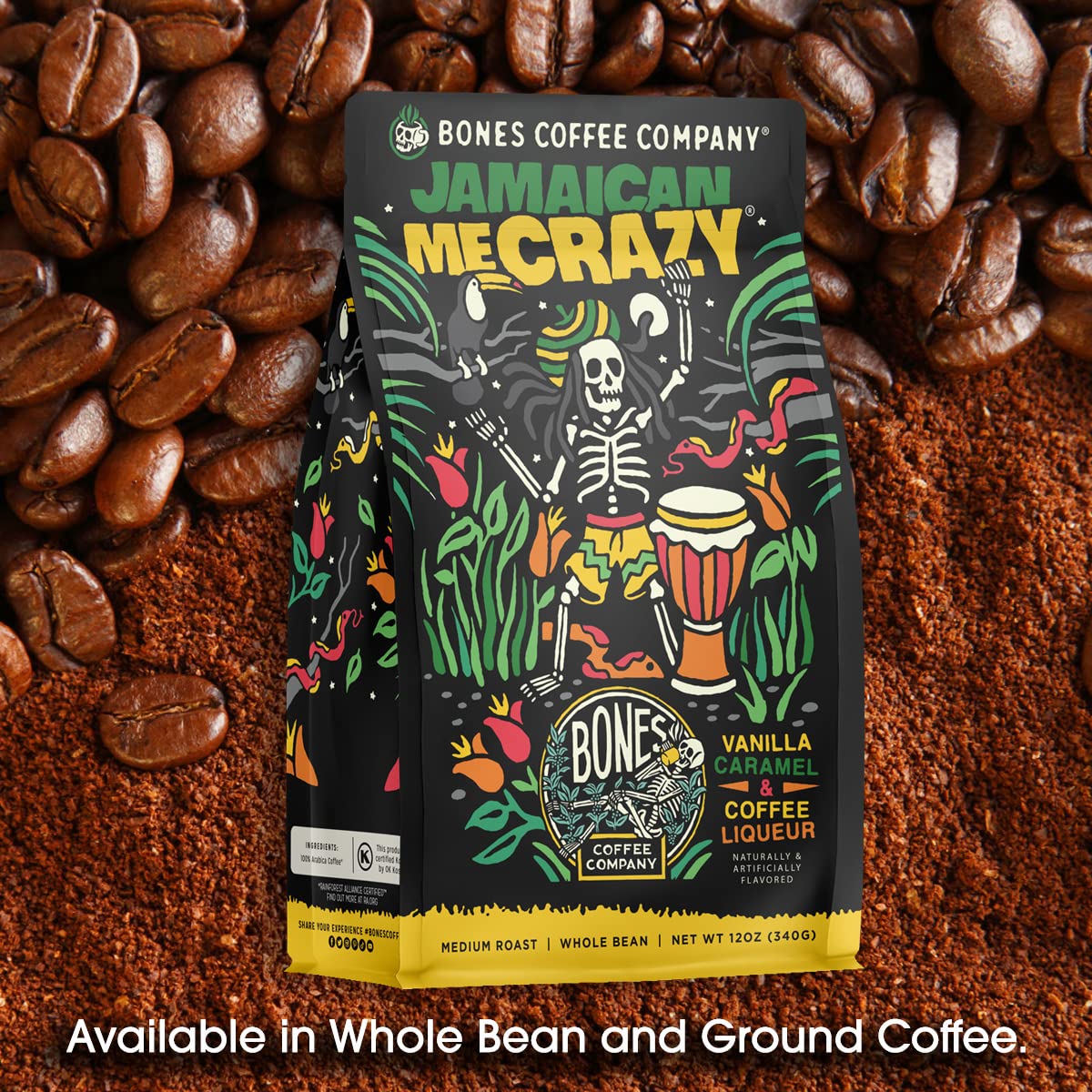 Bones Coffee Company Jamaican Me Crazy, Vanilla Caramel Flavored Coffee, Medium Roast Low Acid Arabica Beans Compatible with Auto drip and French Press Coffee Maker, 12 Oz Ground