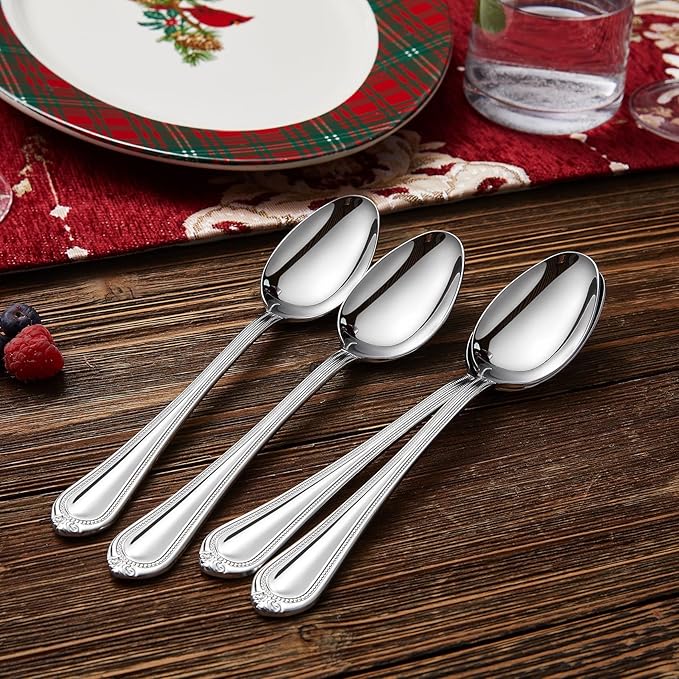 KEAWELL Pearl Edge 4-Piece 7.56-Inch Spoons (Silver, 7.56" Dinner Spoons)