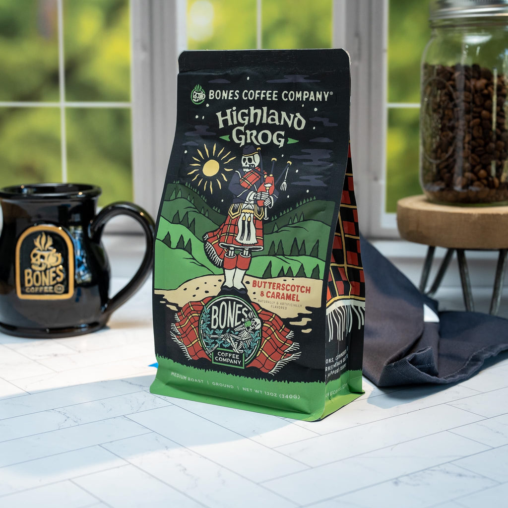 Bones Coffee Company Highland Grog, Butterscotch Caramel Flavored Coffee, Medium Roast Low Acid Arabica Beans Compatible with Auto drip and French Press Coffee Maker, 12 Oz Ground