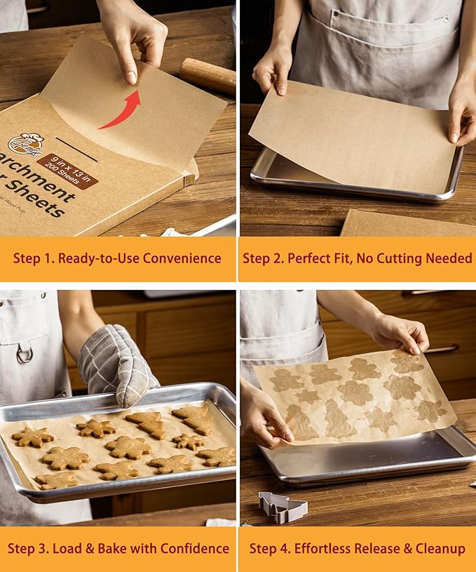 200 Sheets Precut Parchment Paper, 9x13 Inches, Non-Stick, Unbleached