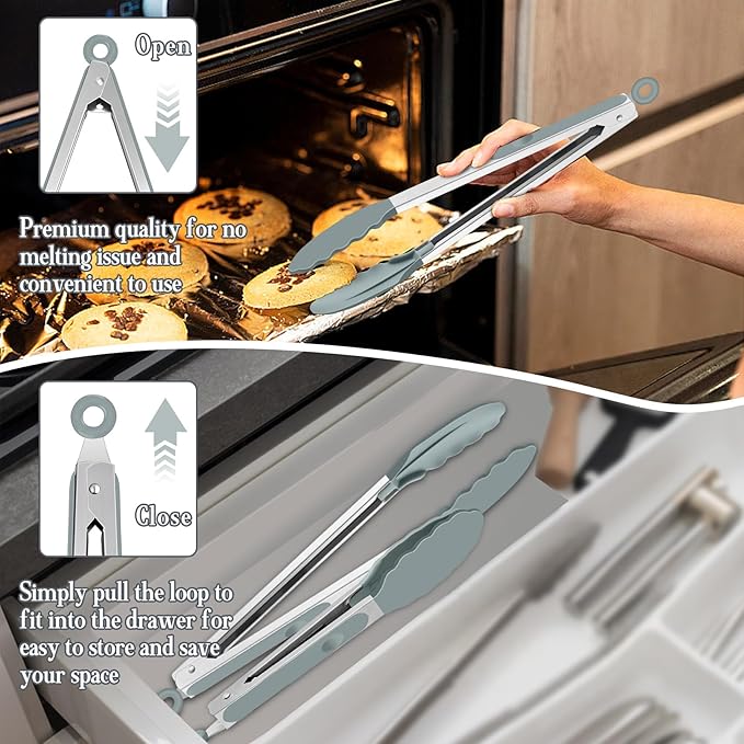 TeamFar Kitchen Tongs, 9"&12" Stainless Steel Heat Resistant Cooking Tongs