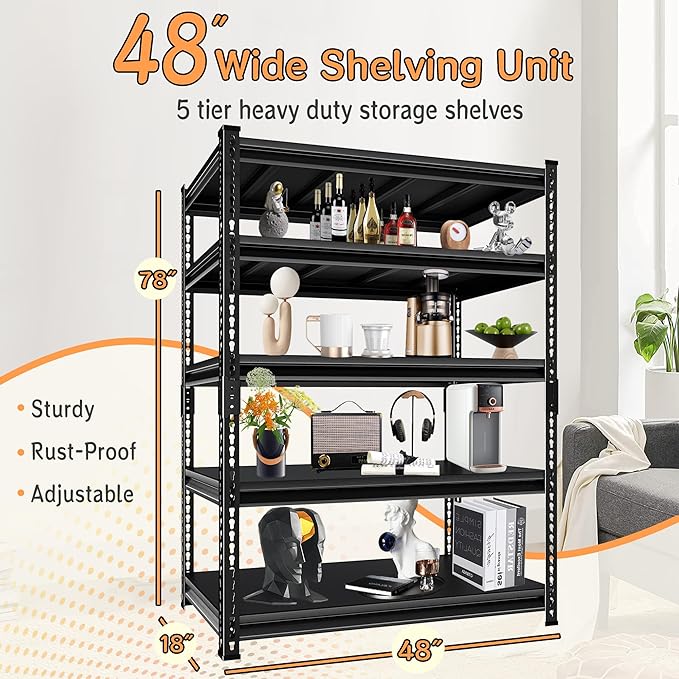 SUPPNEED Metal Storage Garage Shelving: 48'' Wide 2,500Lbs Freestanding Utility Shelves, Adjustable Heavy Duty Rack Units 5 Tier Black 48" W x 18" D x 78" H
