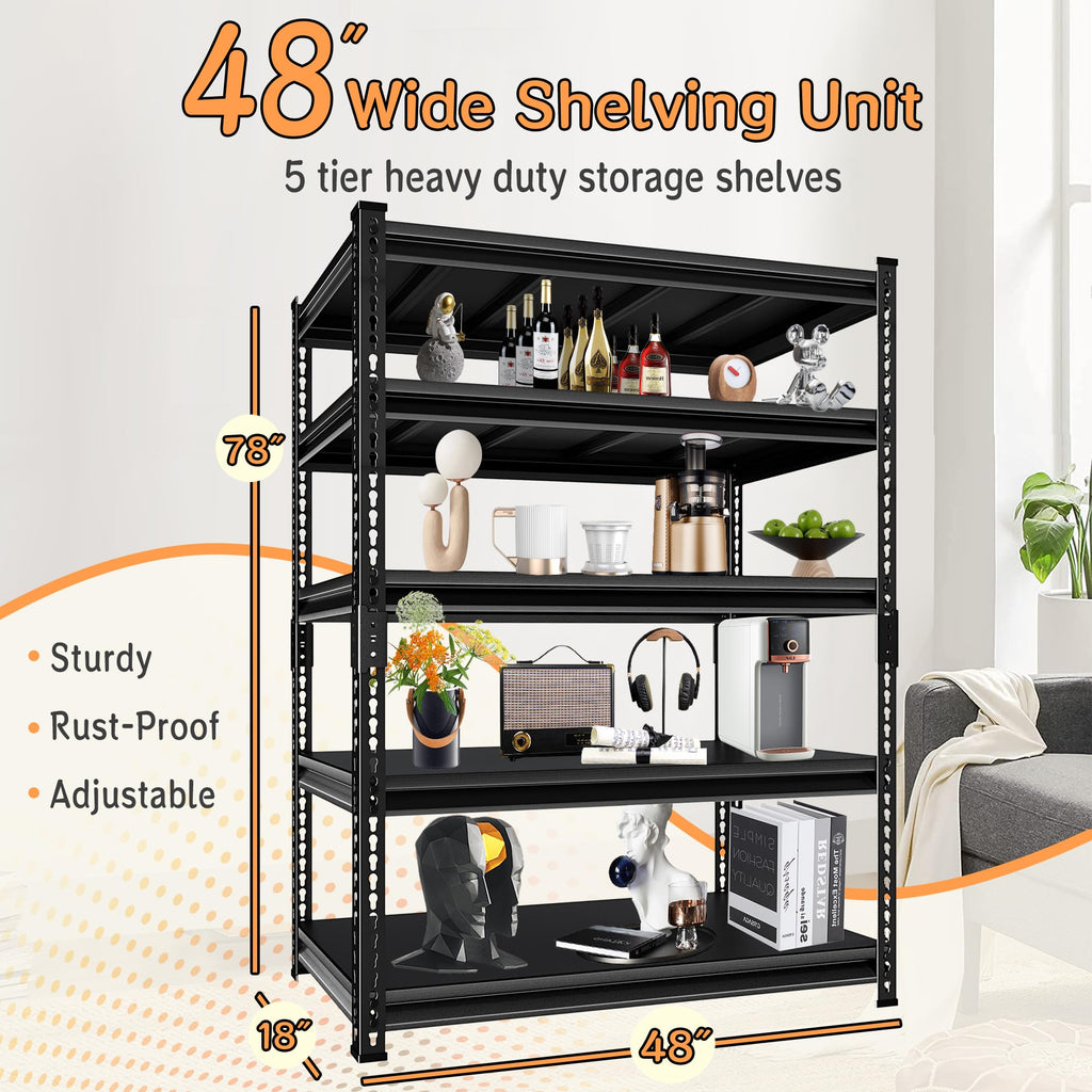 SUPPNEED Metal Storage Garage Shelving: 48'' Wide 2,500Lbs Freestanding Utility Shelves, Adjustable Heavy Duty Rack Units 5 Tier Black 48" W x 18" D x 78" H