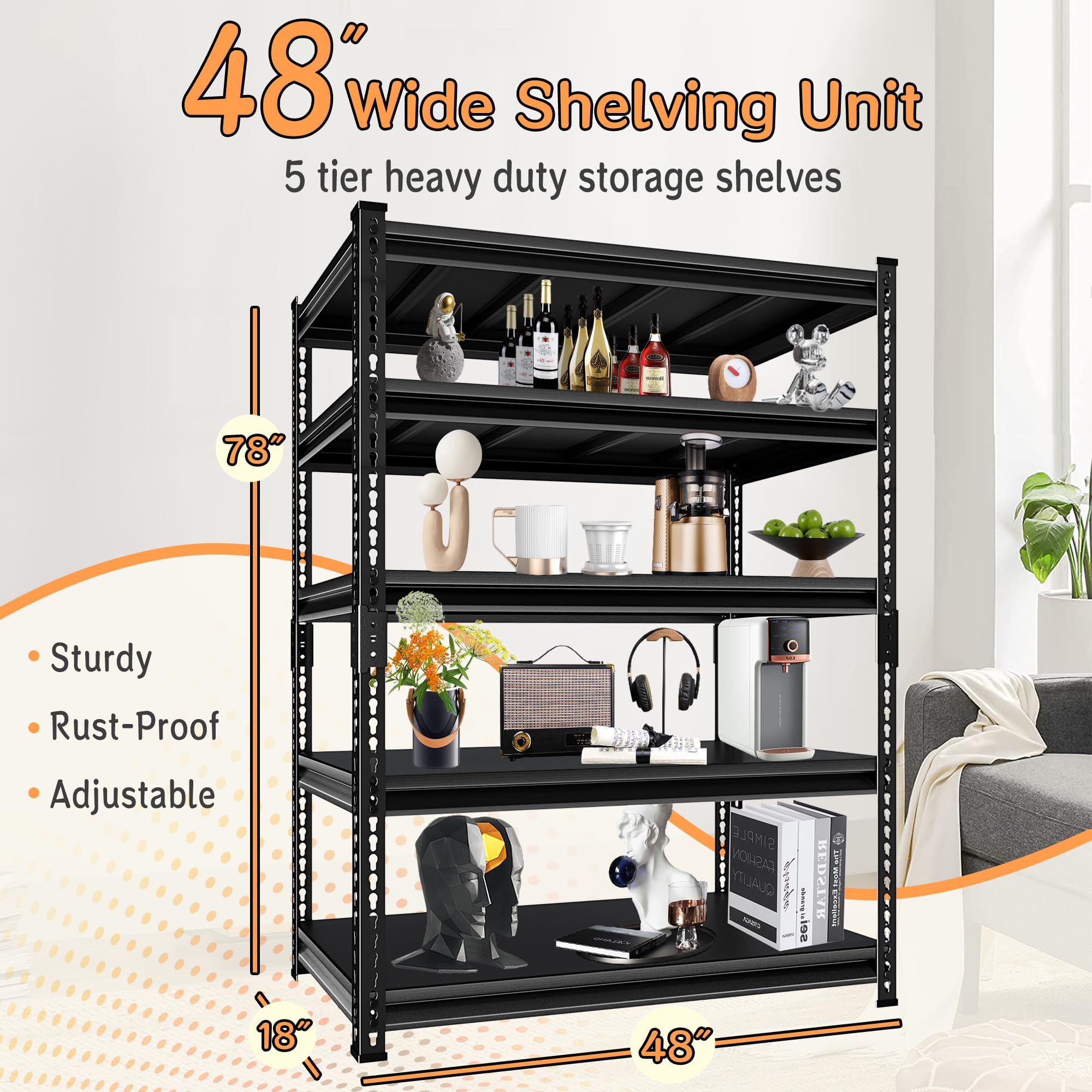 SUPPNEED Metal Storage Garage Shelving: 48'' Wide 2,500Lbs Freestanding Utility Shelves, Adjustable Heavy Duty Rack Units 5 Tier Black 48" W x 18" D x 78" H