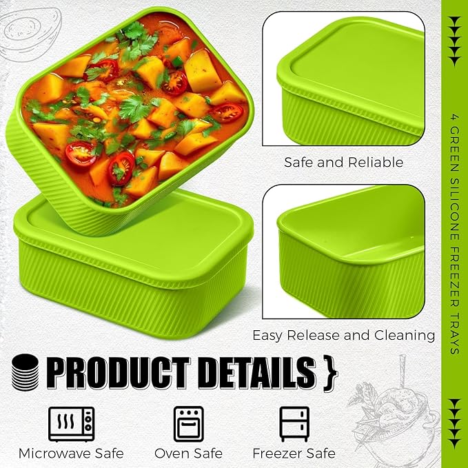 Nuogo 4 Pcs 6 Cup Silicone Freezer Trays with Lid Soup Containers, Green