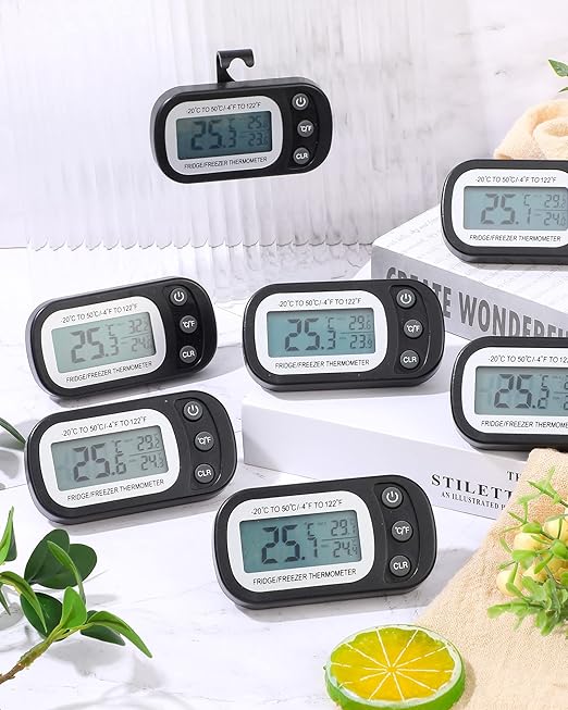 Frienda 12 Pcs Black Digital Fridge Thermometer Waterproof Refrigerator and Freezer Max/min Record Function LCD Screen Refrigerator Thermometer with Hook and Magnetic Back for Home (Button)