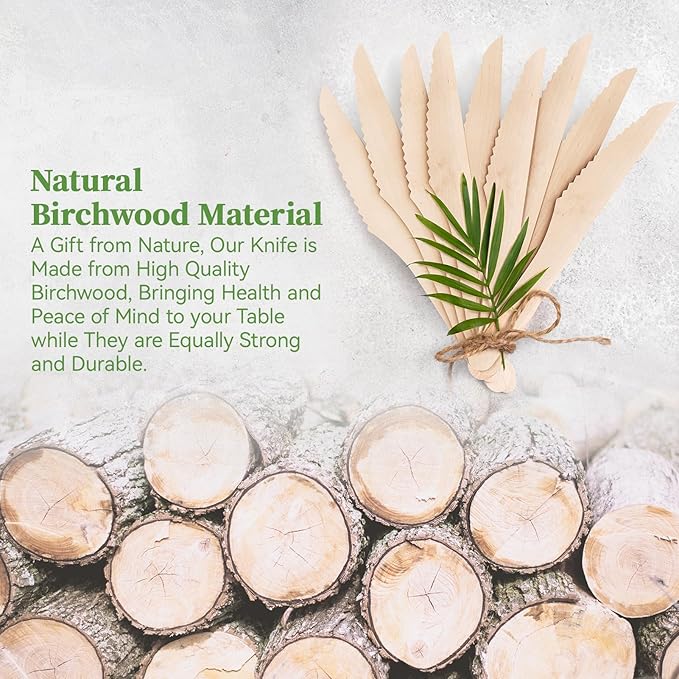 ECOLipak 300 Count Compostable Wooden Disposable Knives for Party, Dinner