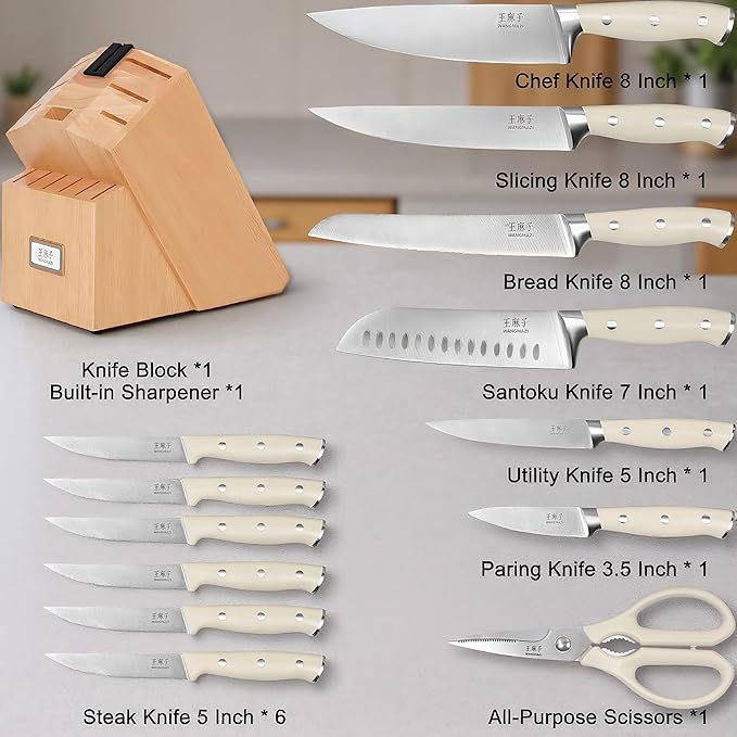 WANGMAZI 15-Pcs Knife Block Set, Ultra Sharp