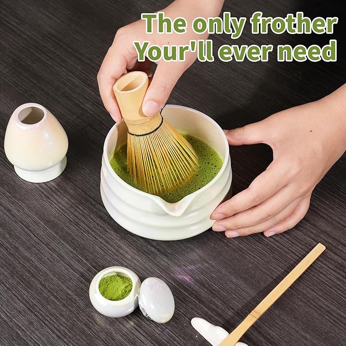 ROMROC 8PCS Matcha Whisk Set, Ceramic Matcha Kit Set Whisk and Bowl (White)