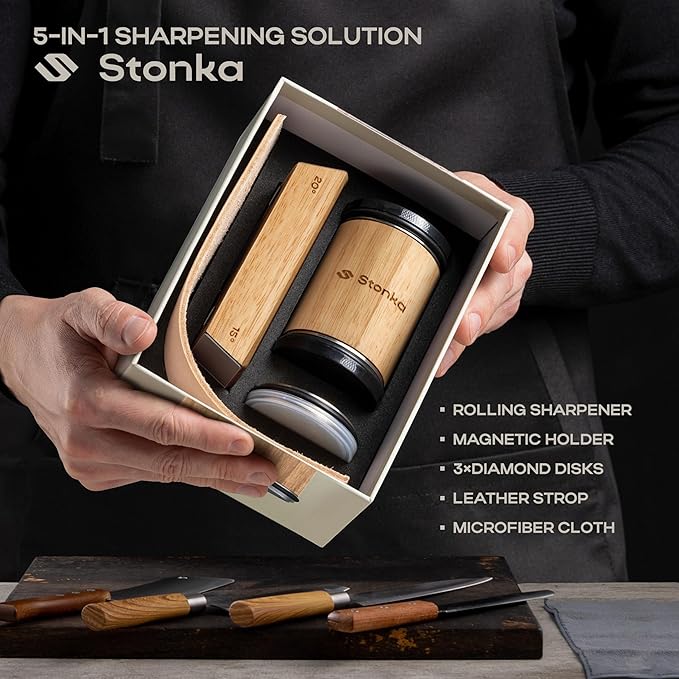 Stonka Oak Rolling Knife Sharpener Kit – Natural Wood, Diamond Wheels, Magnetic Angle Guide 15° & 20°, Leather Strop – Giftable Packaging