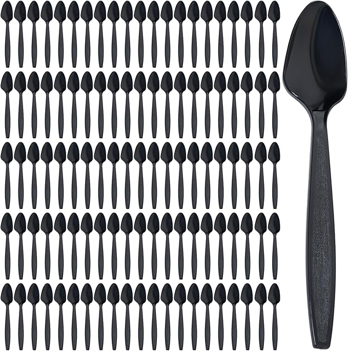 Prestee 300 Black Plastic Spoons Bulk - Durable Disposable Plastic Silverware Spoons - Heat-Resistant Spoon Cutlery - Heavy Duty Flatware Pack - Disposable Silverware Utensil Set for Hot and Cold Food