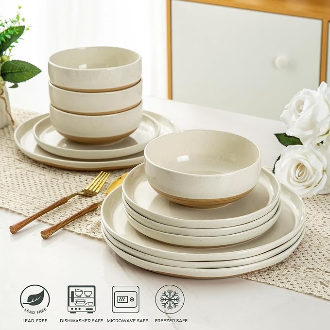 AmorArc Dinnerware Sets for 4, 12 Pieces Ceramic Plates and Bowls Set