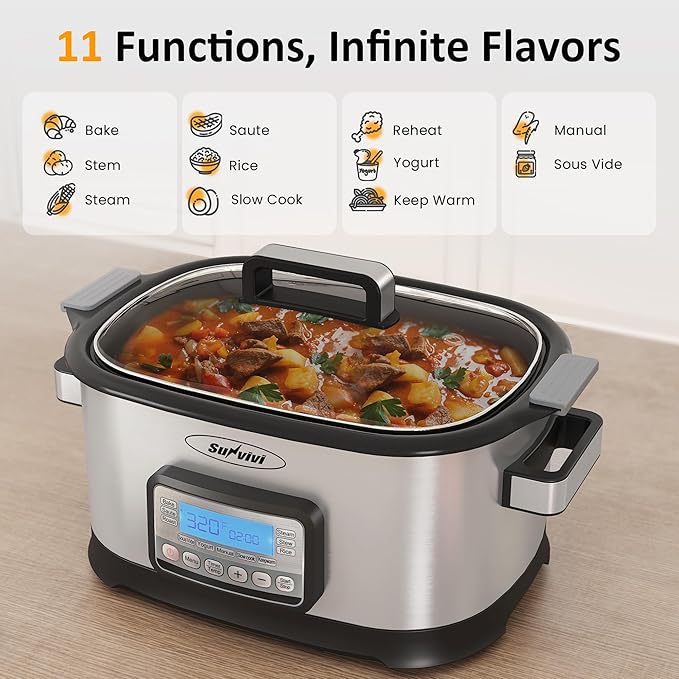 Sunvivi 12-in-1 Programmable Slow Cooker 6.5QT with Timer & Keep Warm