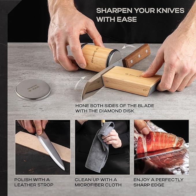Stonka Oak Rolling Knife Sharpener Kit – Natural Wood, Diamond Wheels, Magnetic Angle Guide 15° & 20°, Leather Strop – Giftable Packaging
