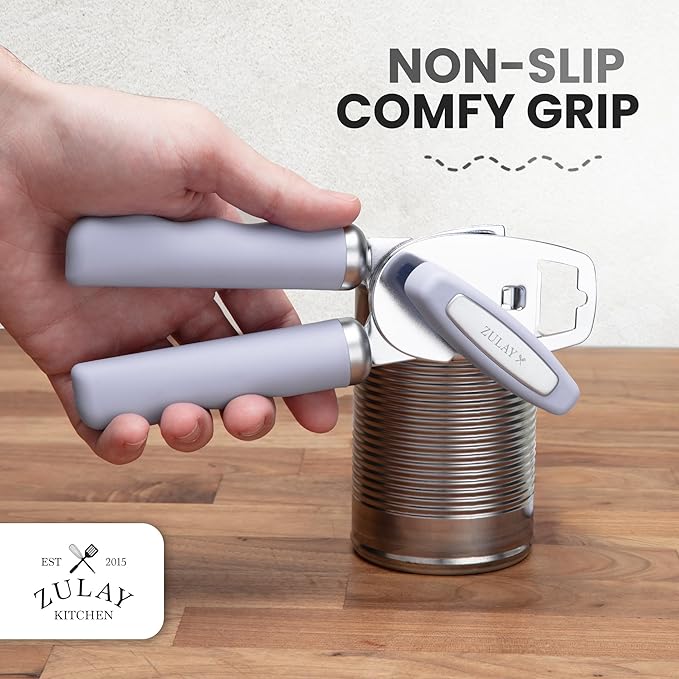 Zulay Kitchen Heavy Duty Stainless Steel Can Opener Manual with Bottle Opener - Rust Proof Manual Can Opener With Turn Knob & Comfy Soft Grip Handles - Airy Lilac