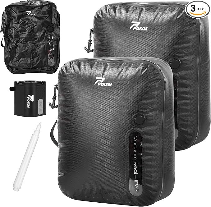 POIXM Vacuum Bags for Travel with Wireless Pump, 180° Open Zipper, IP67 Waterproof, Reusable Space Saver Compression Bags for Backpack, Suitcase, Home Storage(2 Pack + Pump)