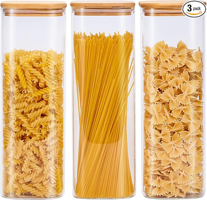 Spreccio Square Glass Food Storage Jars with Lids 2.47 Qt [Set of 3], Perfect for Pasta, Cookies, Nuts, Coffee, Cereal, Flour, Organize Your Kitchen and Pantry with BPA-Free Glass Jars with Canisters