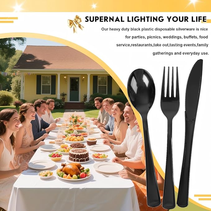 Supernal 300pcs Black Plastic Silverware, Disposable Cutlery Set