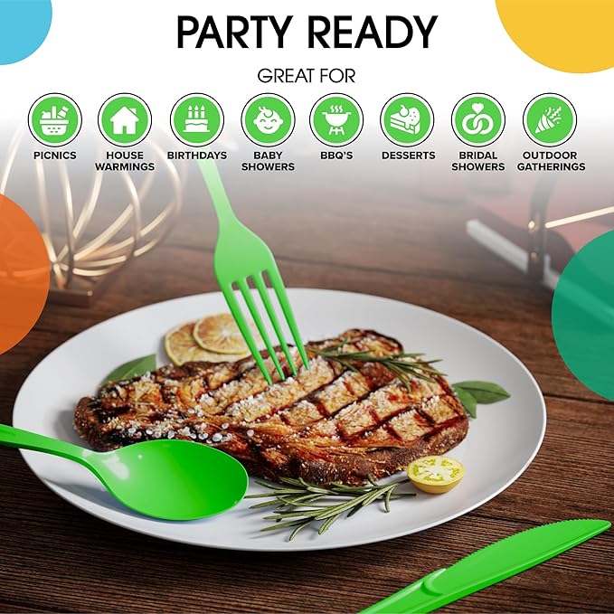 Party Solids Lime Green Plastic Silverware Heavy Duty 150 Pieces Lime Green Disposable Silverware Heavy Duty, Utensil Sets, 50 Of Each Forks, Knives & Spoons Disposable Cutlery Set For Party Supplies