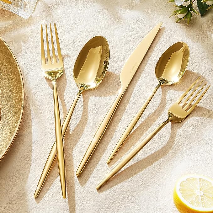 18/10 Silverware Set for 8, 40 Piece Gold Stainless Steel Flatware Cutlery
