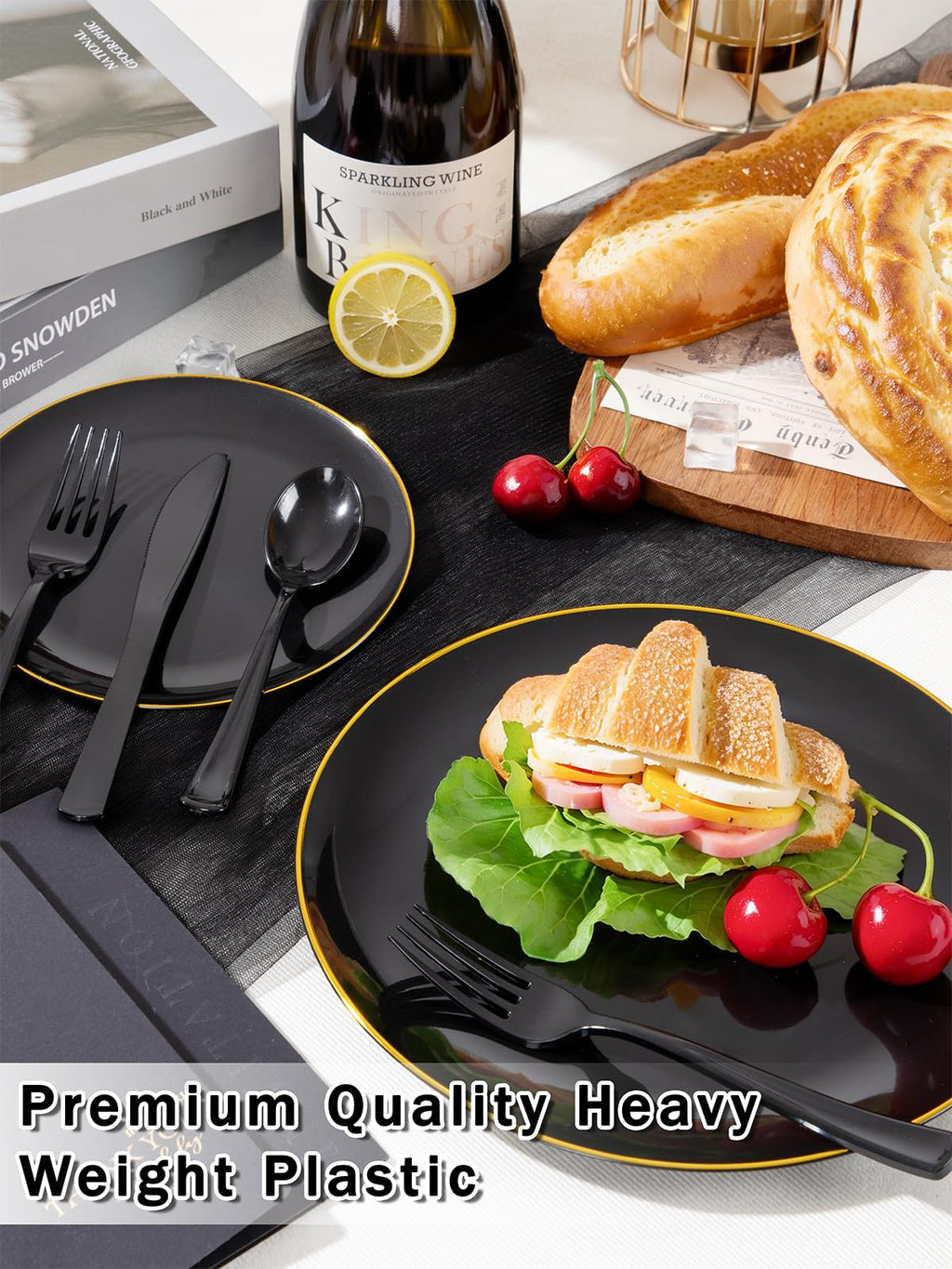 WDF 180 Pieces Black Plastic Silverware - Plastic Silverware Set Include 60 Forks, 60 Knives, 60 Spoons - Heavy Duty Black Disposable Cutlery - Disposable Utensils for New Year, Wedding