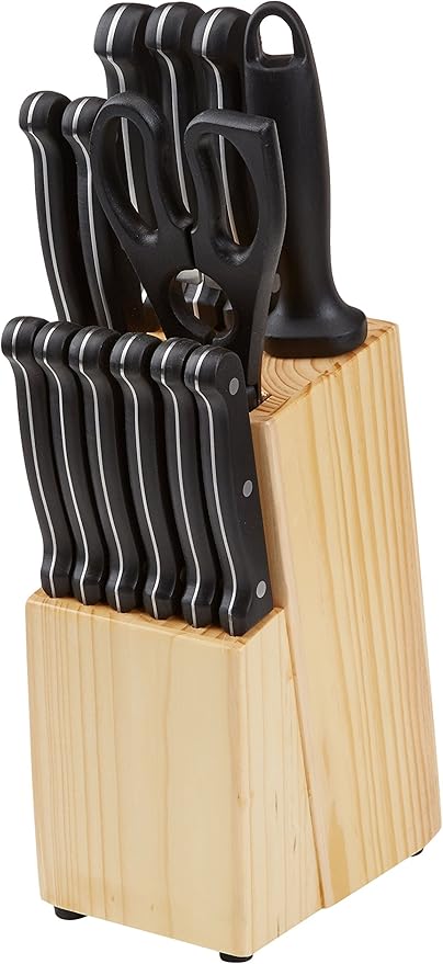 Amazon Basics 14-Piece High Carbon Stainless Steel Kitchen Knife Set with Full Tang Construction, Ergonomic Handles, Sharpener and Pinewood Block, Black