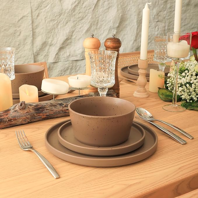 Stone Lain Celina Stoneware 16-Piece Modern Dinnerware Set, Plates and Bowls, Matte Brown, Service For 4, Microwave & Dishwasher Safe
