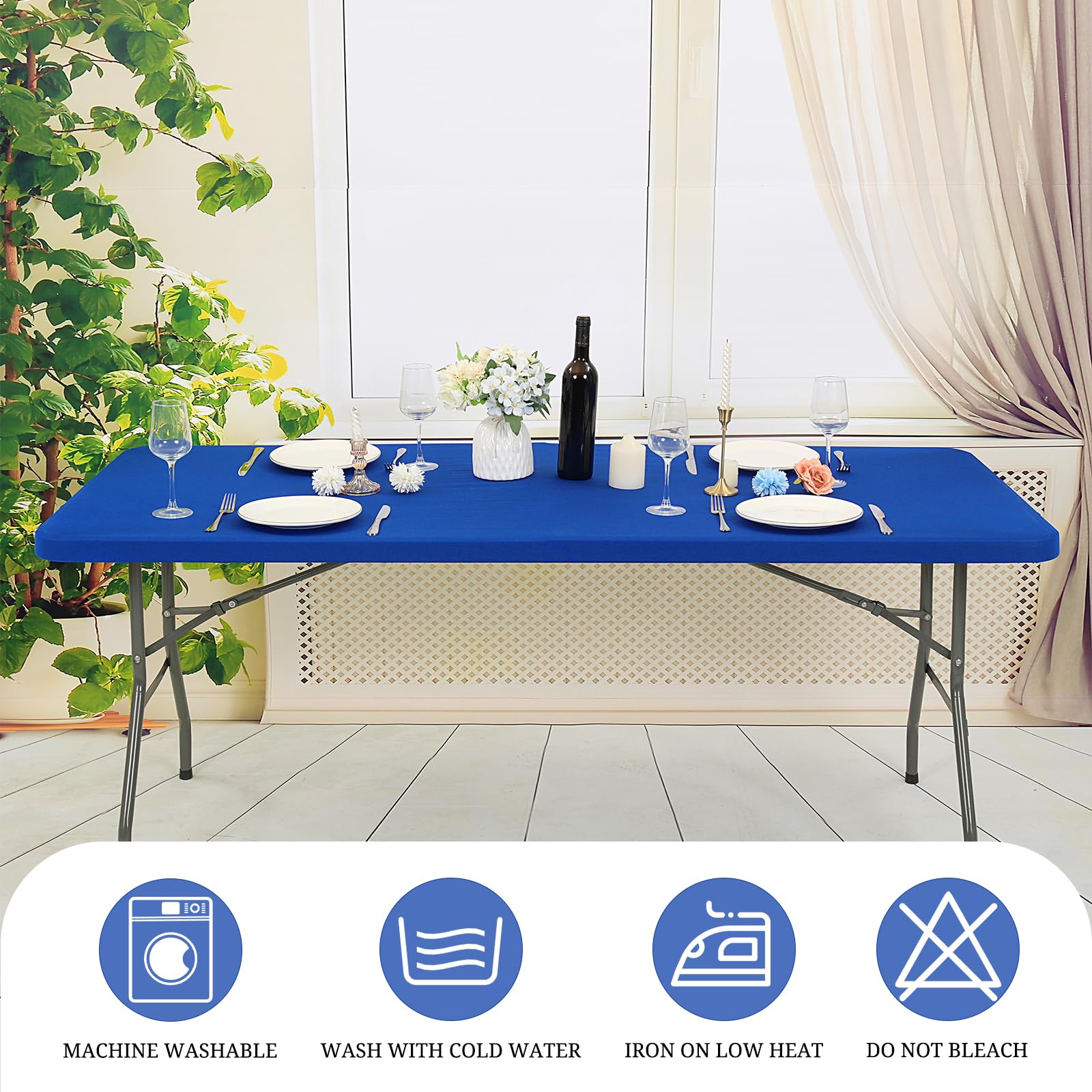6 Pack Stretch Fabric Table Top Cap Cover, fits 8' Tables, Spandex Table Covers Washable Elastic Rectangle Tablecloth Protector for Indoor Outdoor Party Picnic Wedding, Royal Blue, 30" W x 96" L