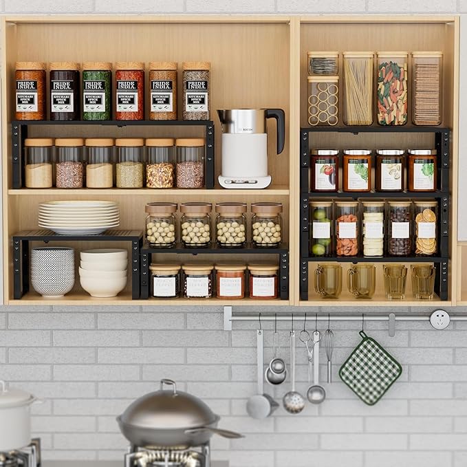 Wobmmi Expandable Spice Rack Kitchen Cabinet Shelf Organizer, Stackable Storage Shelves Racks, Adjustable Counter Shelving for Cabinets, Countertop, Cupboard,Pantry and More(2Packs/Black/Large)