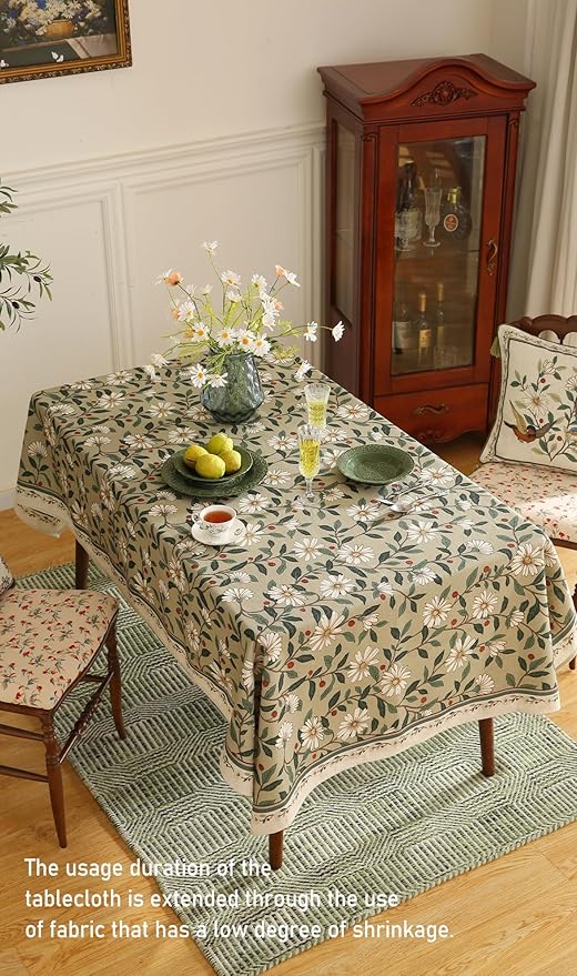 ISAENNE Designer Vintage Linen Green Rectangular Tablecloth,71"x55"-Brune