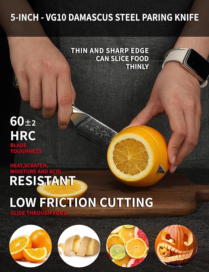 SANMUZUO 5 Inch Kitchen Utility Knife - Xuan Series Kitchen Knives - VG10 Damascus Steel with Resin Handle (Fantasy Orange)