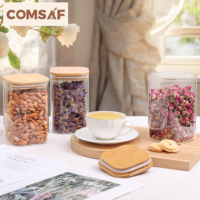 ComSaf Square Glass Containers With Lids 1.2 Qt, Set of 9 Pantry Galss Jars