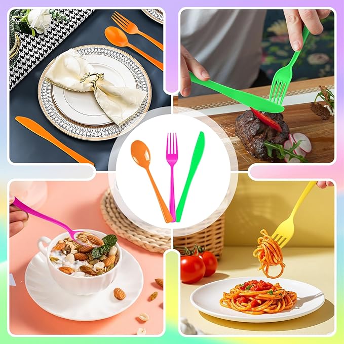ALEXPRE 300 Pack Neon Party Disposable Plastic Silverware Heavy Duty, Plastic Cutlery Set, Forks and Spoons Knives Set for Birthday Party Prom Night, Weddings（Orange,Green, Hot Pink, Yellow Colors）