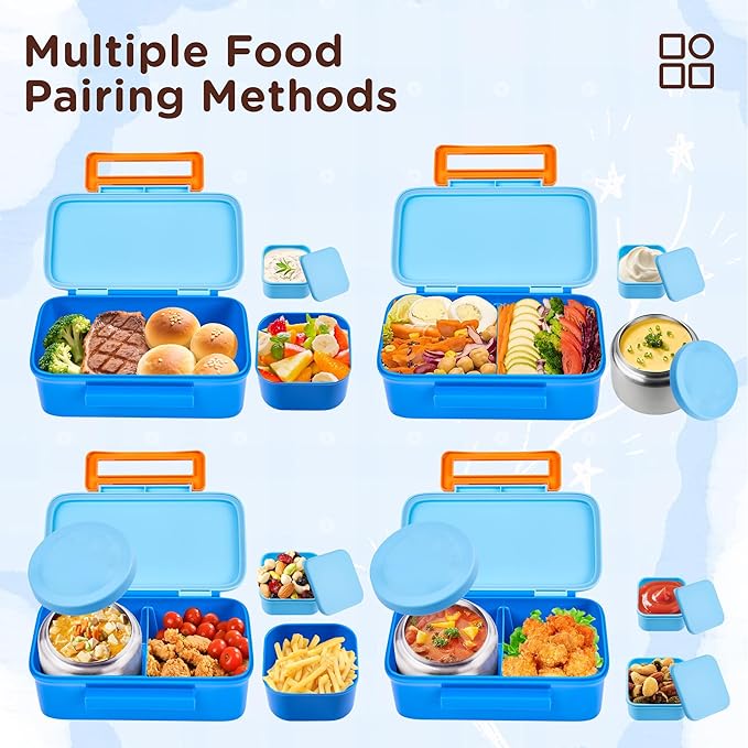 JXXM Bento Lunch Box for Kids With 8oz Thermo, Leakproof Bento Box with with 2 Compartments, Insulated Bottle, Lunch Bag, BPA Free Dishwasher Safe for School Girls Boys (Blue)