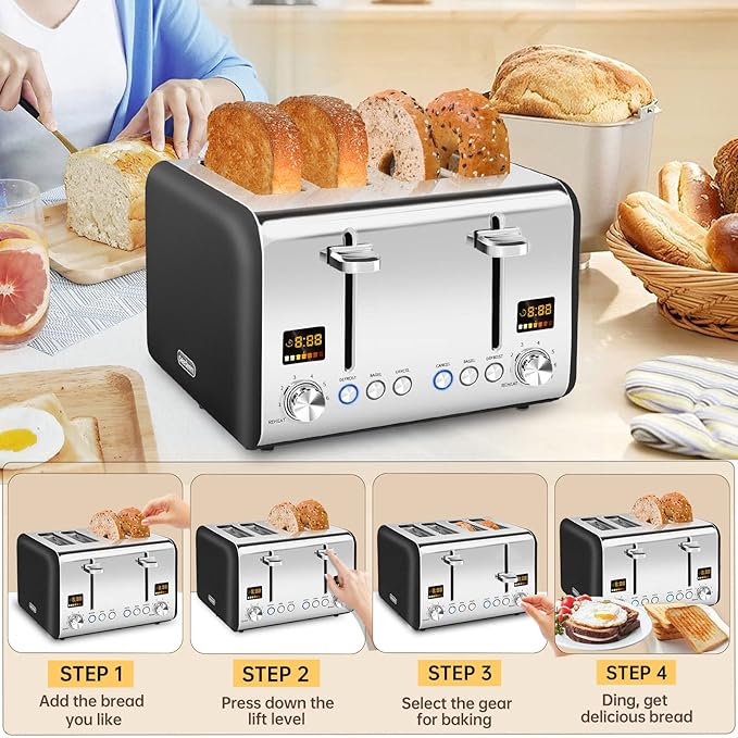 SEEDEEM 4 Slice Stainless Steel Toaster, LCD Display, Wide Slots