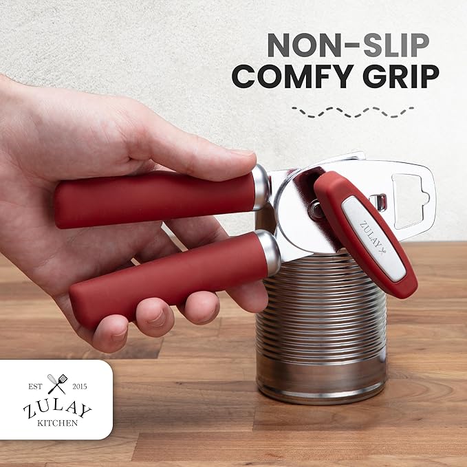 Zulay Kitchen Heavy Duty Stainless Steel Can Opener Manual with Bottle Opener - Rust Proof Manual Can Opener With Turn Knob & Comfy Soft Grip Handles - Red