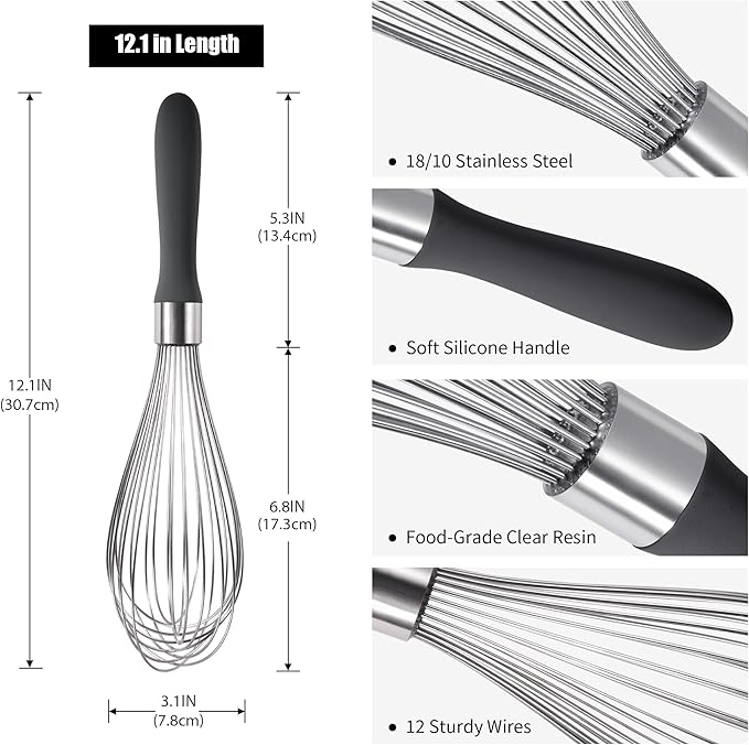 Doosu 18/8 Stainless Steel Balloon Whisk for Cooking (12 Wires, Black)
